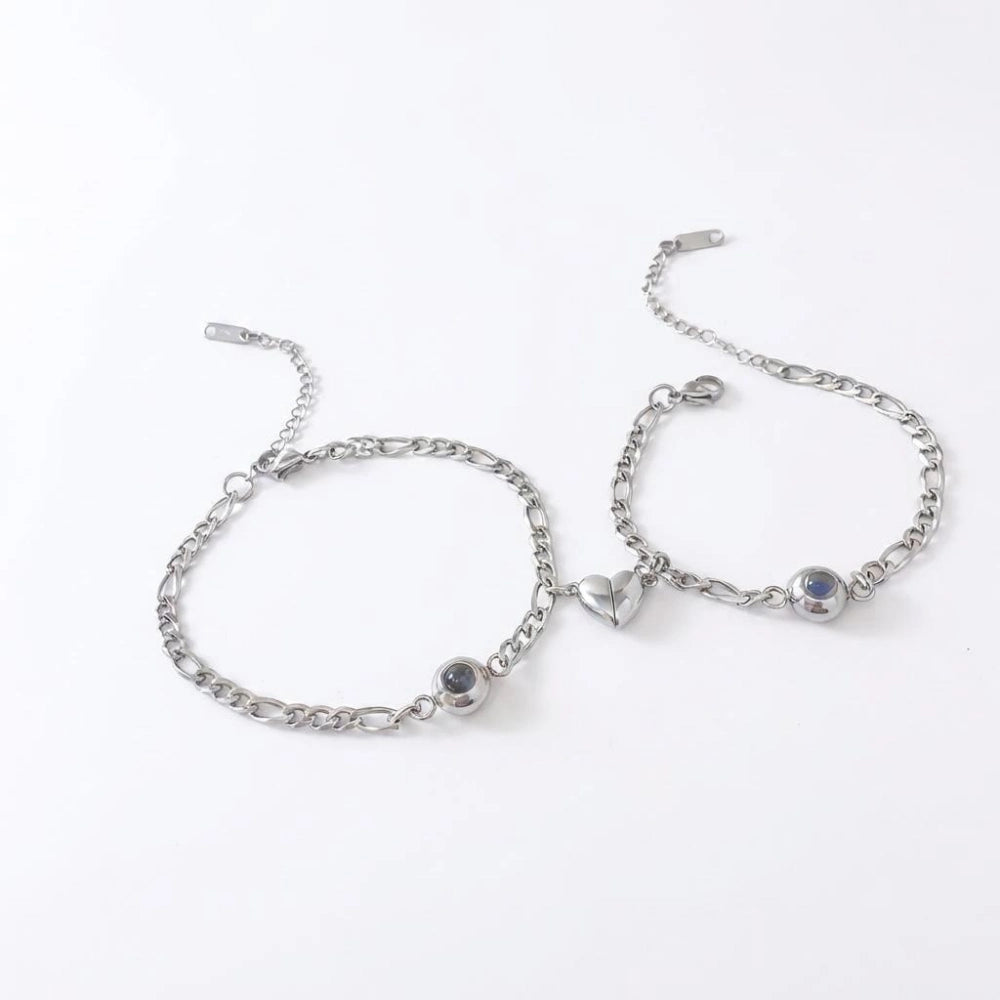 Magnetic Heart Charm Matching Photo Projection Couple Bracelets In Titanium