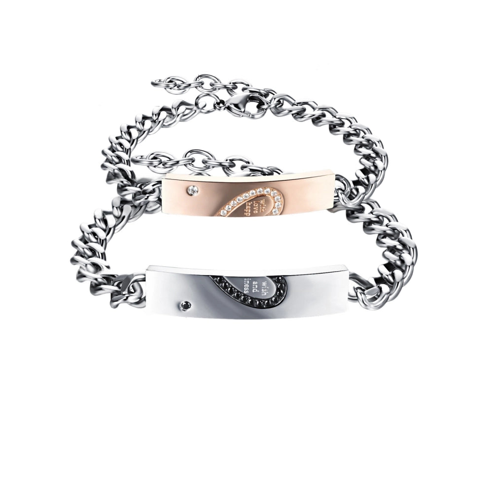 bimg_291_0 Engravable Matching Heart Charm Couple Bracelets In Titanium