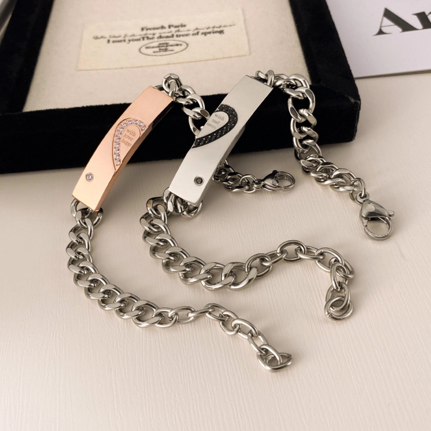 Engravable Matching Heart Charm Couple Bracelets In Titanium