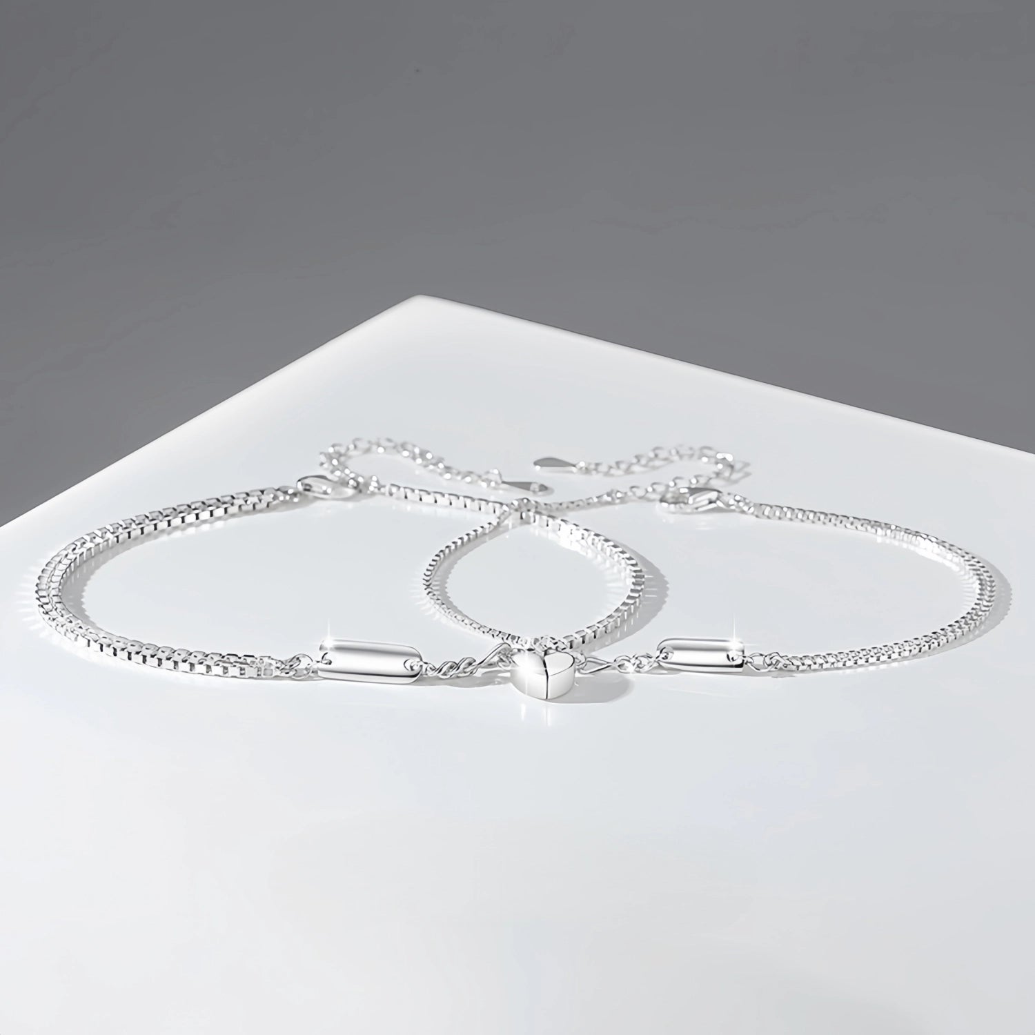 Engravable Magnetic Heart Charm Couple Bracelets In Sterling Silver