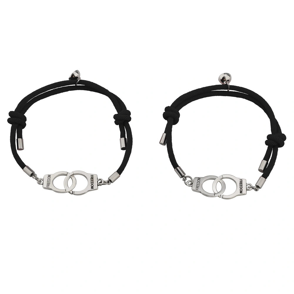 Magnetic Handcuff Couple Infinity Bracelets In Titanium And Rope