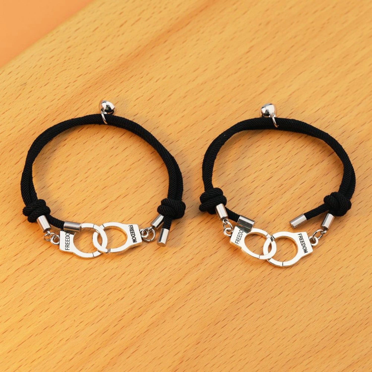 Magnetic Handcuff Couple Infinity Bracelets In Titanium And Rope