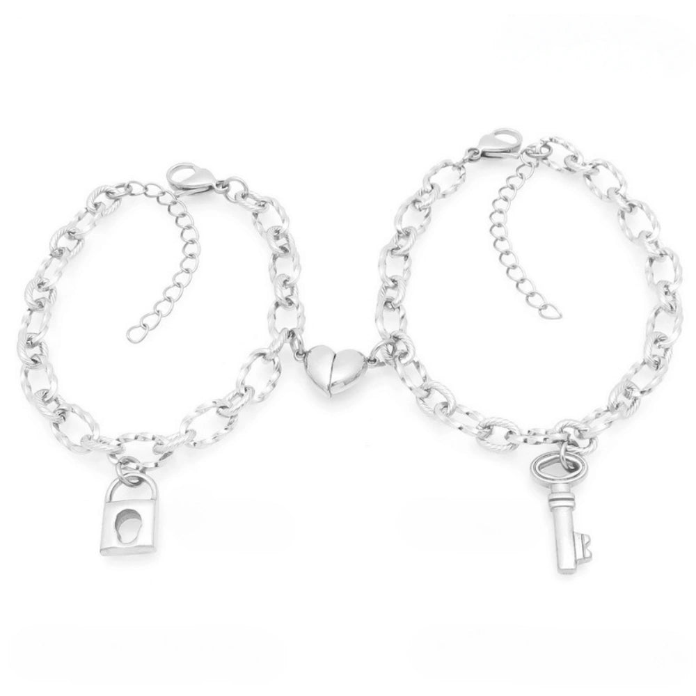 Lock And Key Magnetic Heart Oval Cable Chain Couples Bracelets