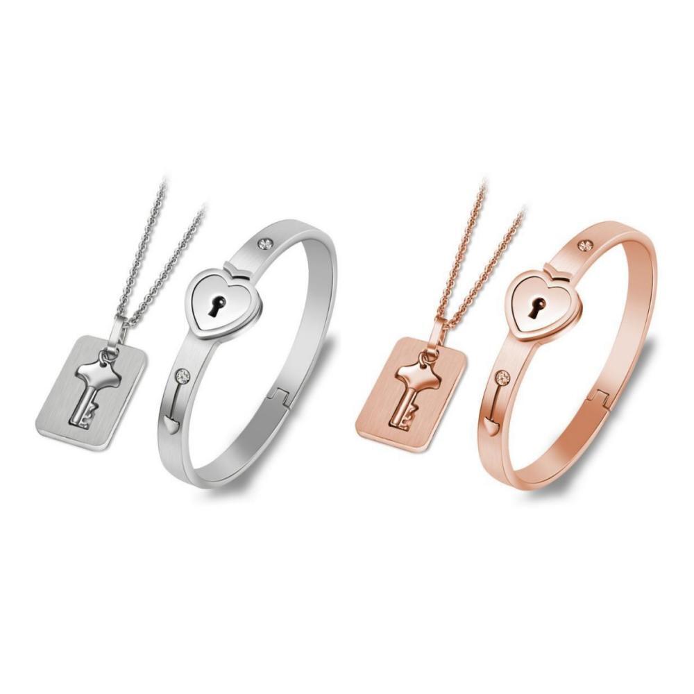 Unique Lock And Key Bracelet Necklace Set For Couples In Titanium