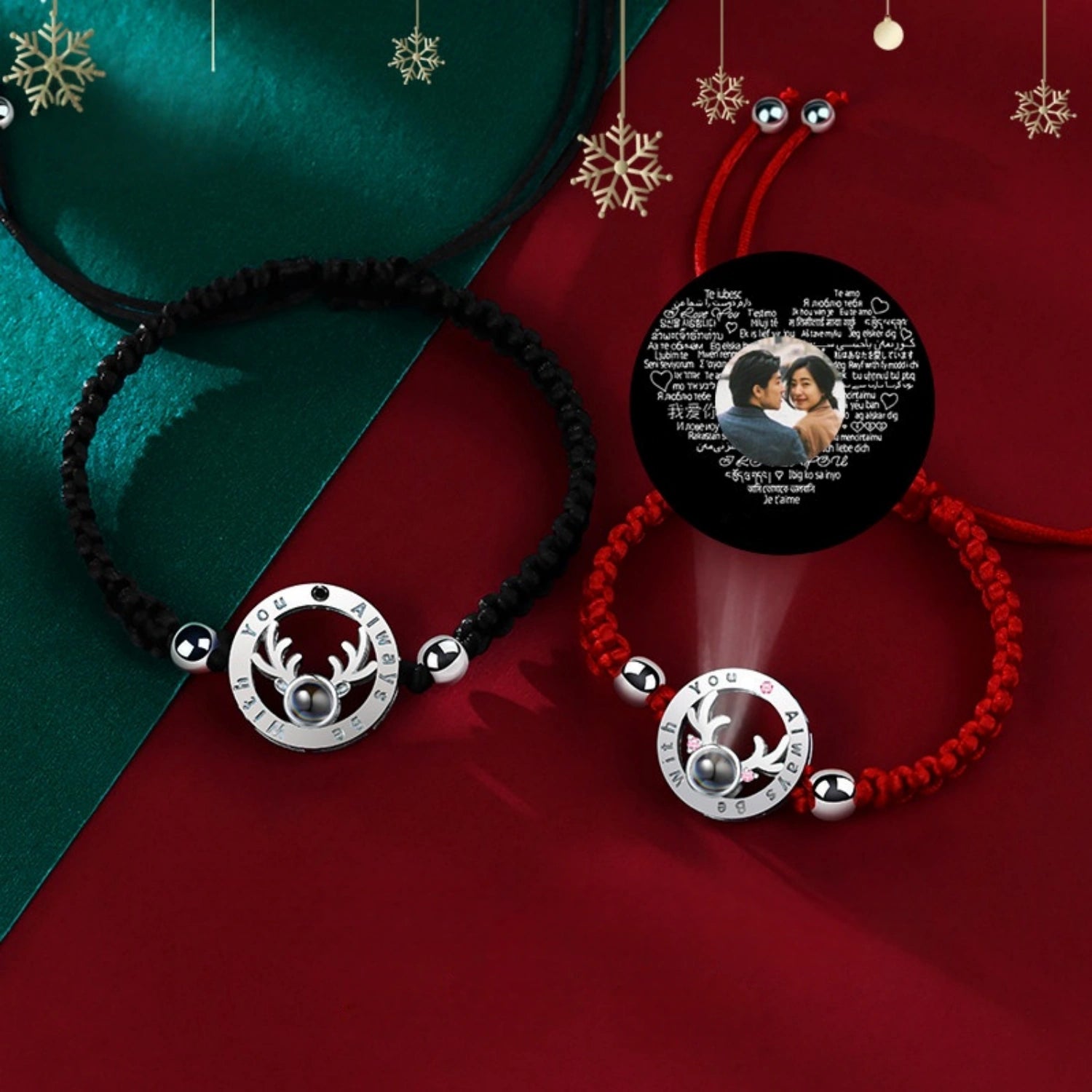 Always Be With You Christmas Elk Photo Projection Couple Bracelets