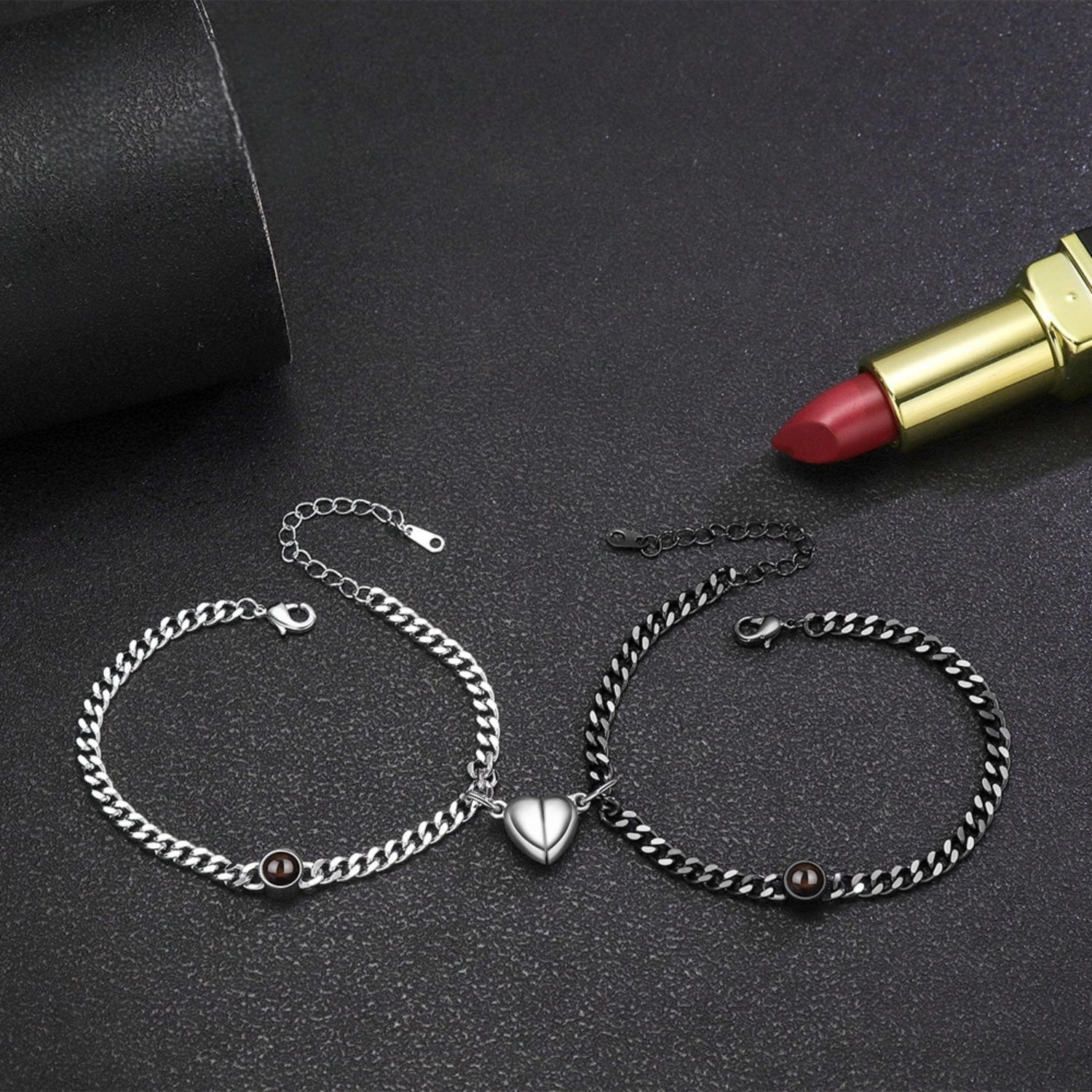 Magnetic Heart Photo Projection Couple Cuban Chain Bracelets