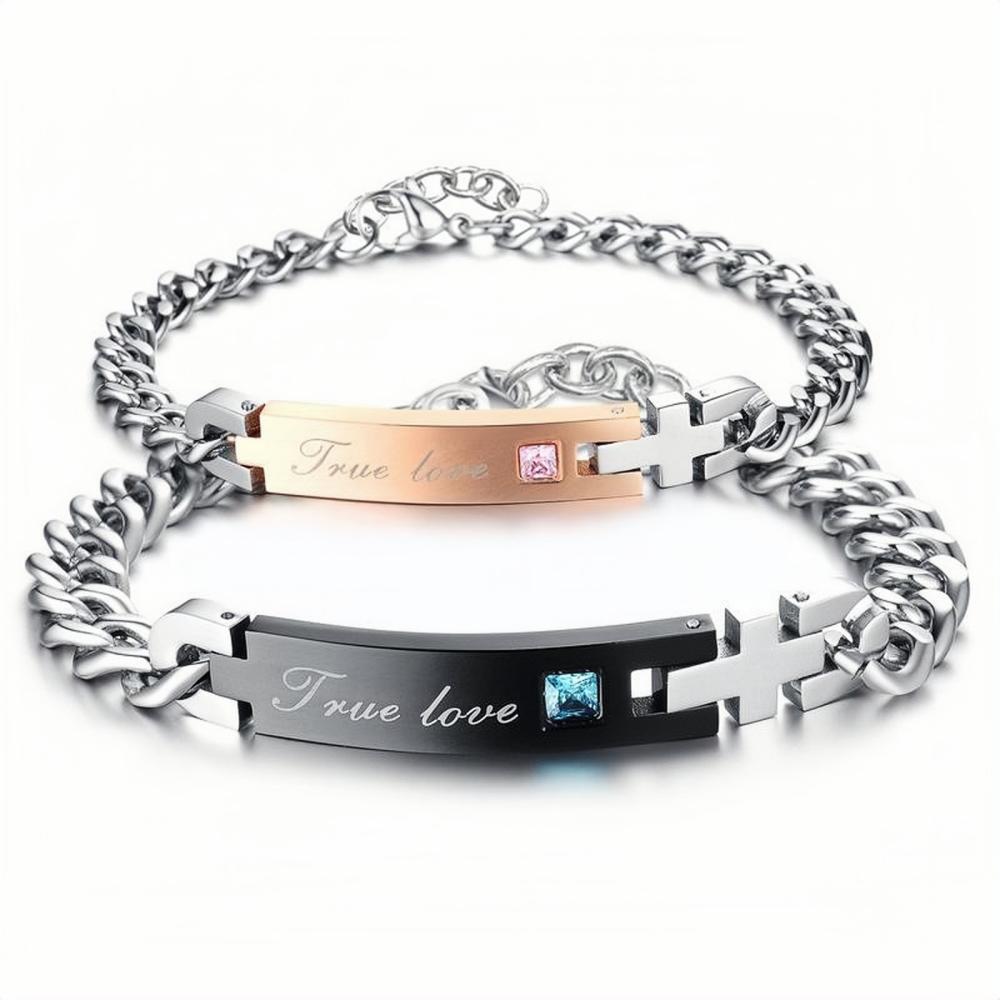 Engravable True Love Matching Bracelets For Couples In Titanium