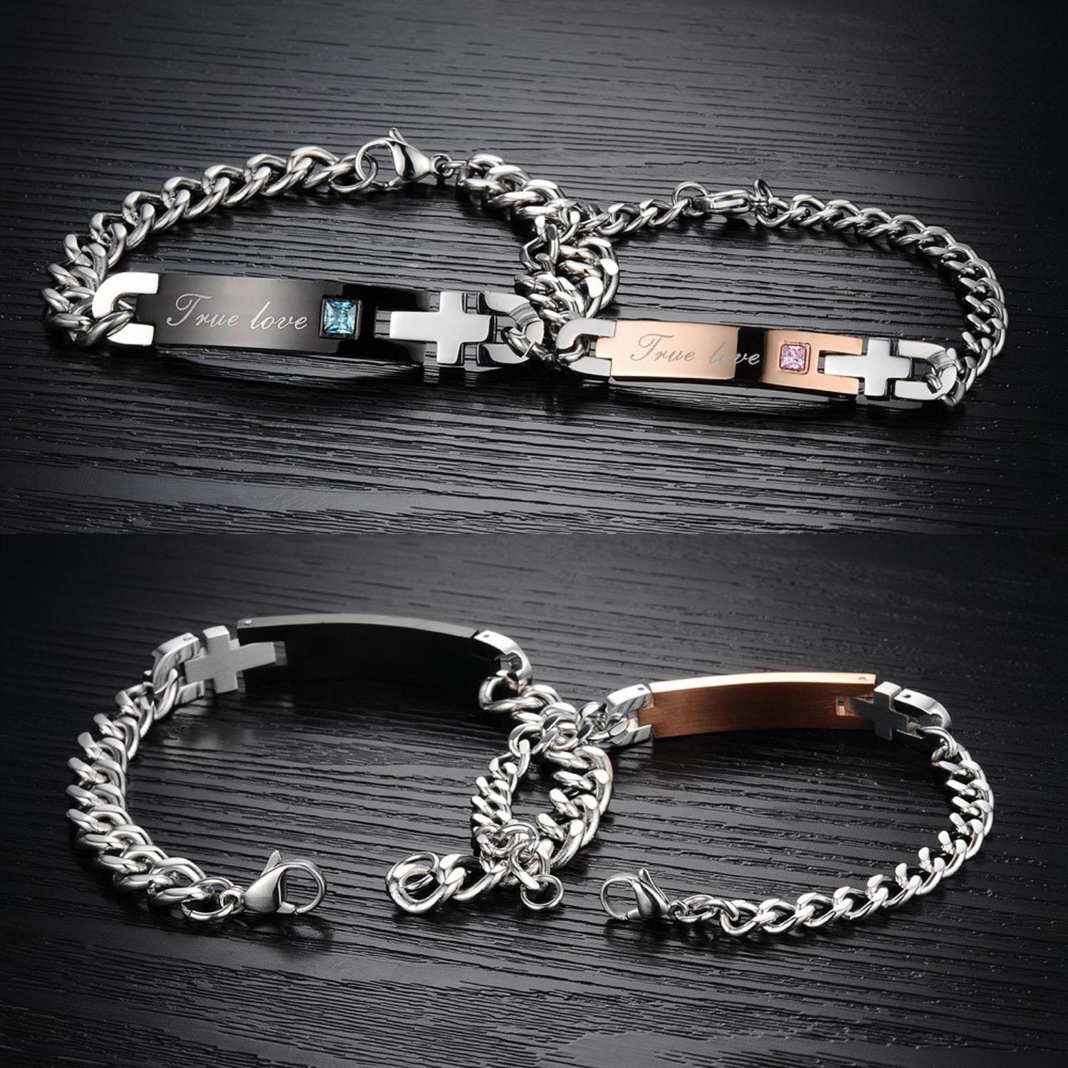 Engravable True Love Matching Bracelets For Couples In Titanium