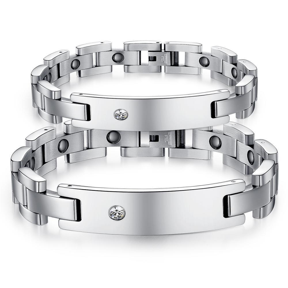 Engravable Silver Magnetic Couples Bracelet In Titanium