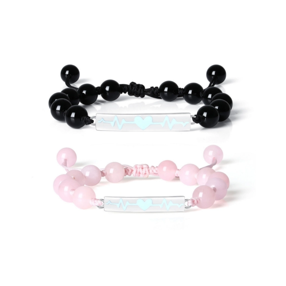Glow In The Dark Heartbeat Silver Charm Couple Beaded Bracelets
