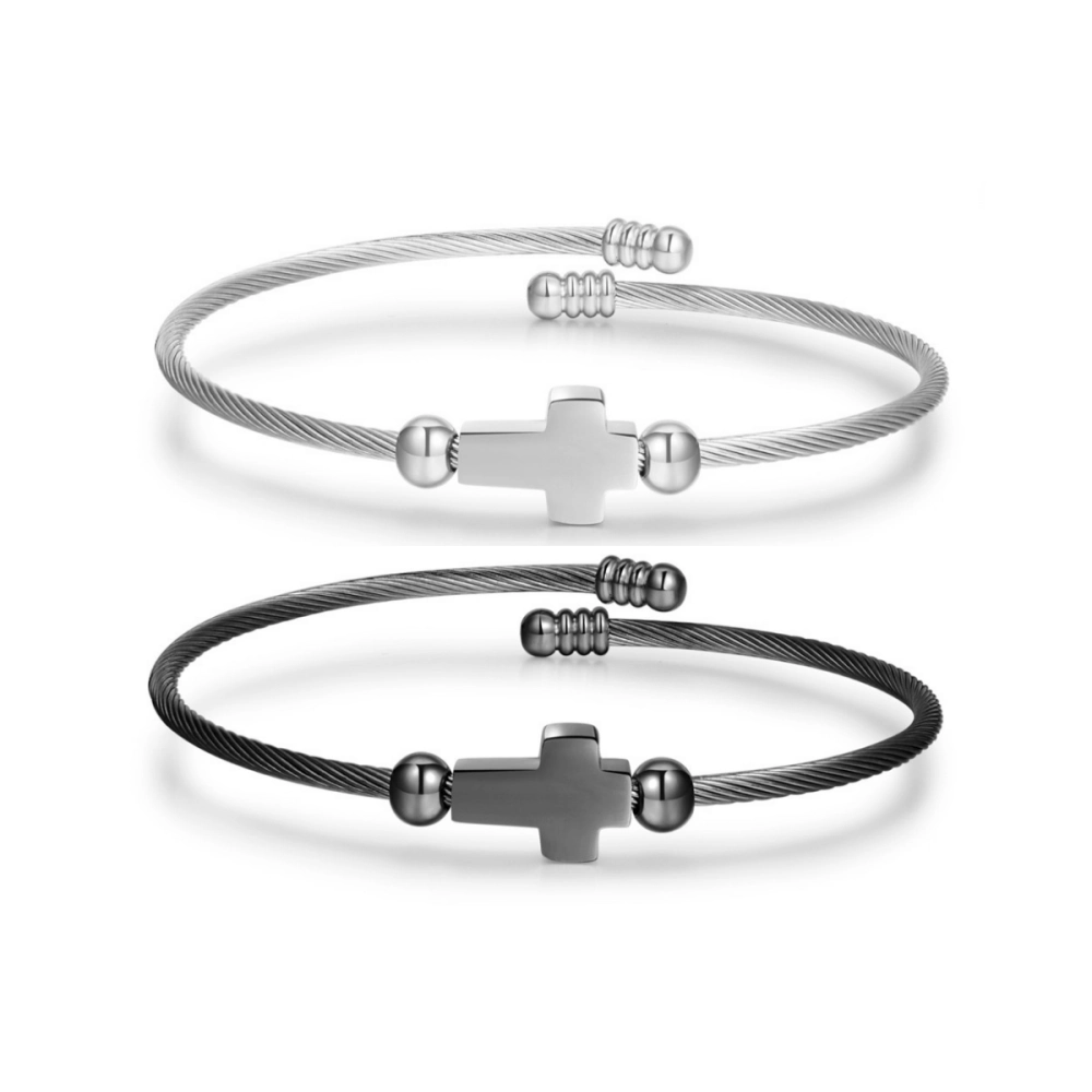 bimg_336_0 Engravable Religious Cross Cable Wire Couple Bangle Bracelets