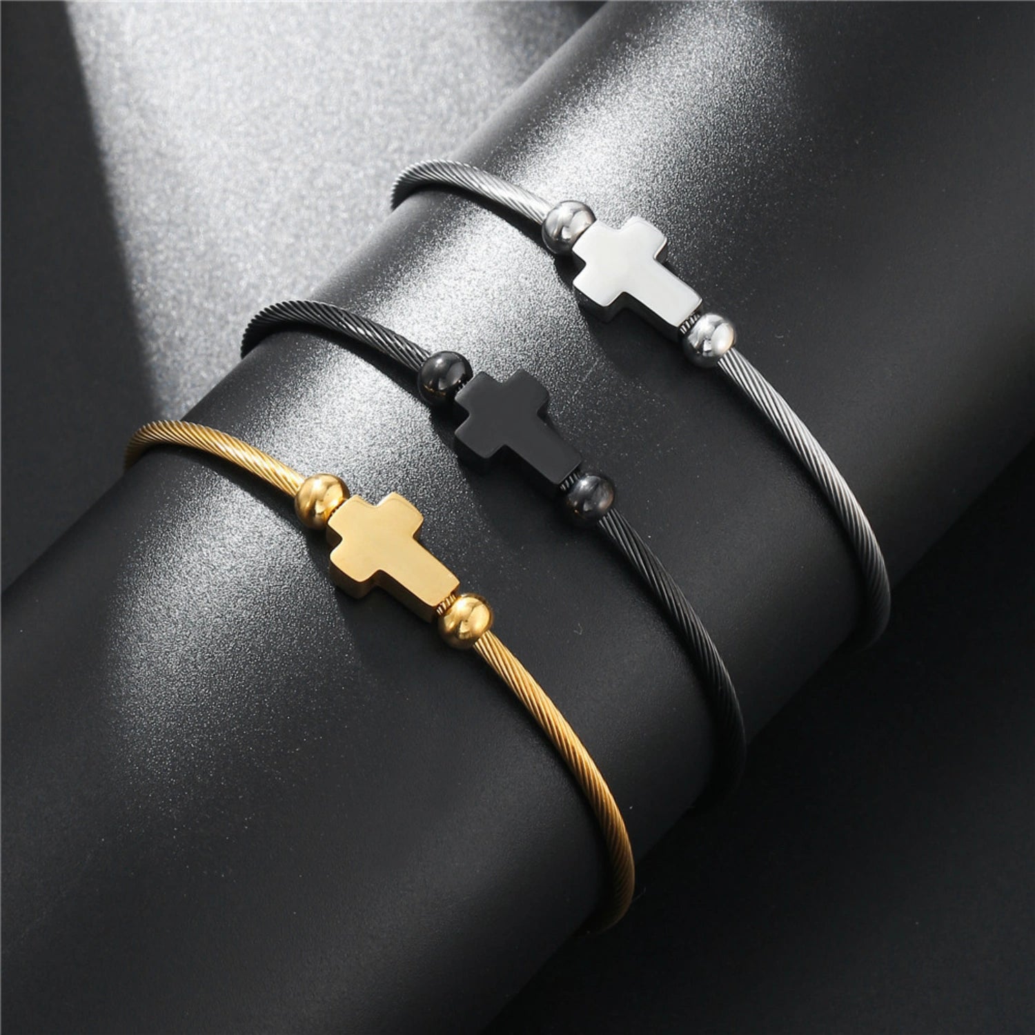 bimg_336_1 Engravable Religious Cross Cable Wire Couple Bangle Bracelets