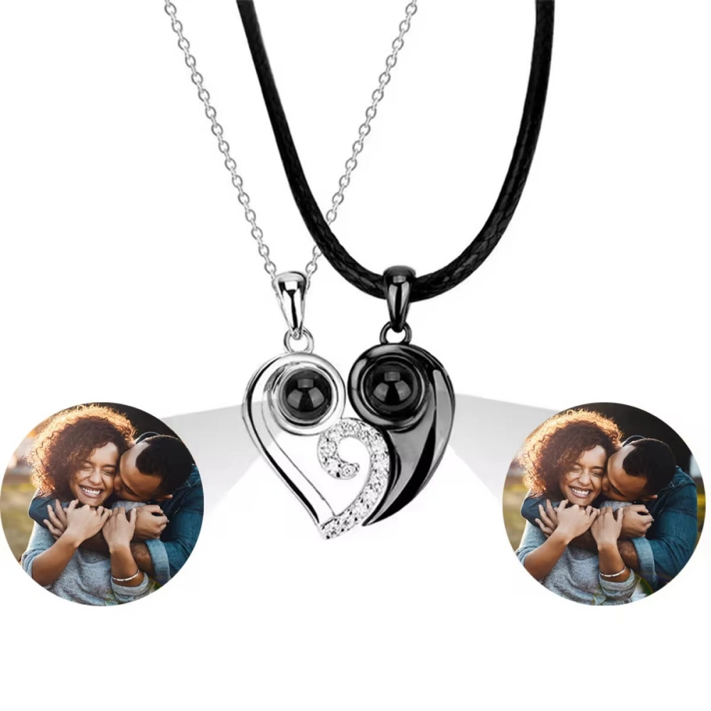 Personalized Matching Heart Photo Projection Silver Couple Necklaces
