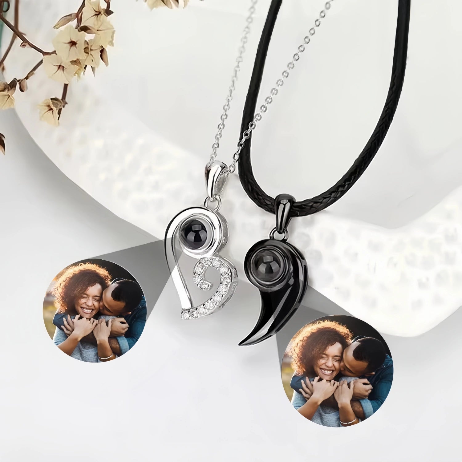 Personalized Matching Heart Photo Projection Silver Couple Necklaces
