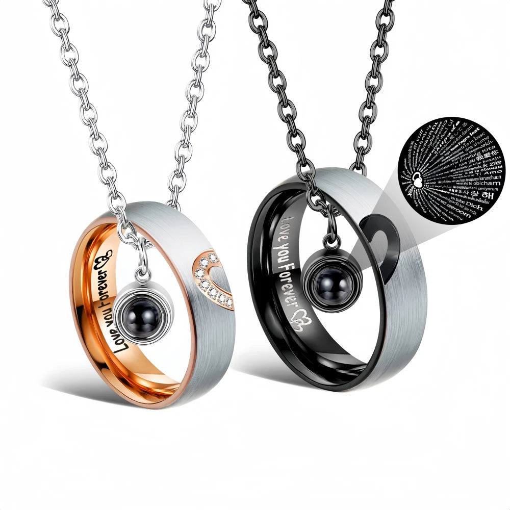 I Love You In 100 Languages Matching Heart Projection Couple Necklaces