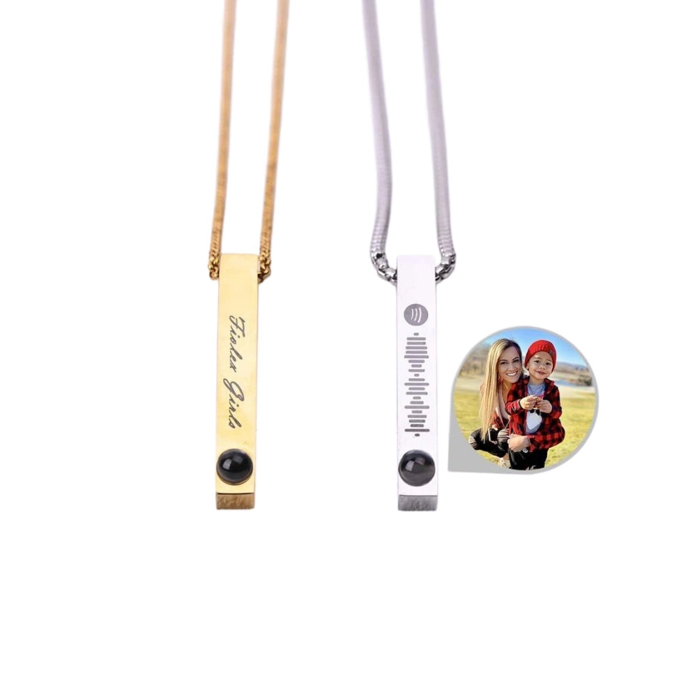 Personalized Photo Projection Bar Necklaces For Couples In Titanium