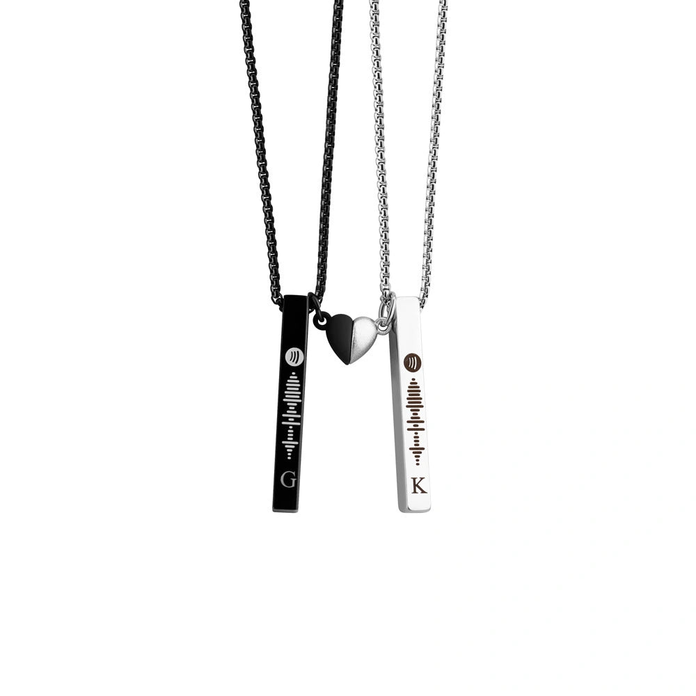 Engravable Magnetic Heart Couple Bar Necklaces In Titanium