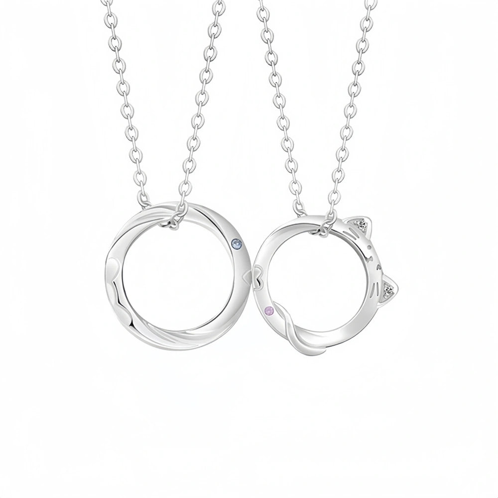 Engravable Cute Cat Magnetic Heart Infinity Silver Couple Necklaces