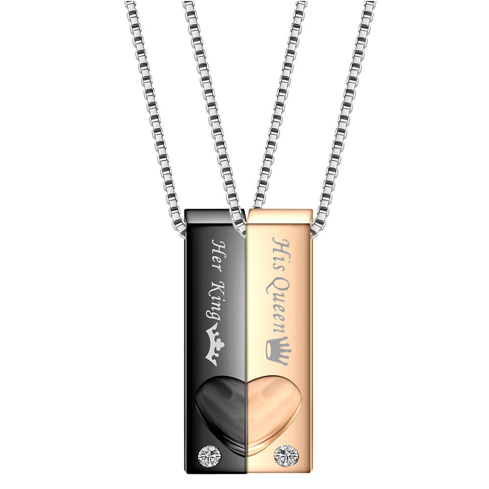 Her King His Queen Matching Heart Couple Necklaces In Titanium