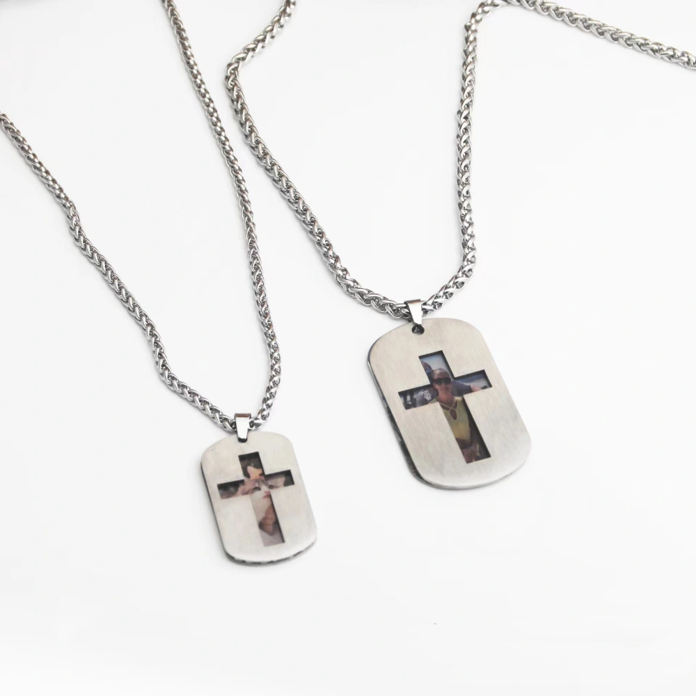 Personalized Matching Cross Photo Couple Necklaces In Titanium