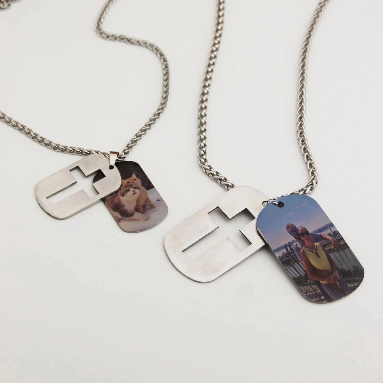 Personalized Matching Cross Photo Couple Necklaces In Titanium