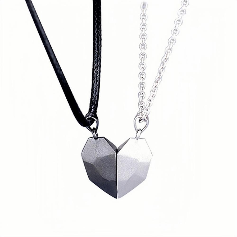 Engravable Matching Heart Magnetic Necklaces For Couples In Sterling Silver