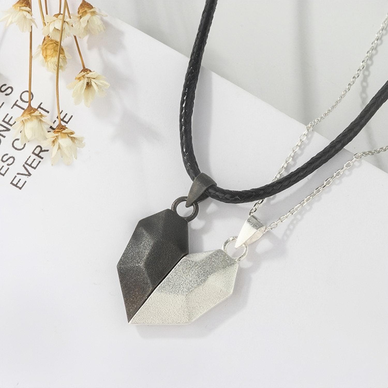 Engravable Matching Heart Magnetic Necklaces For Couples In Sterling Silver