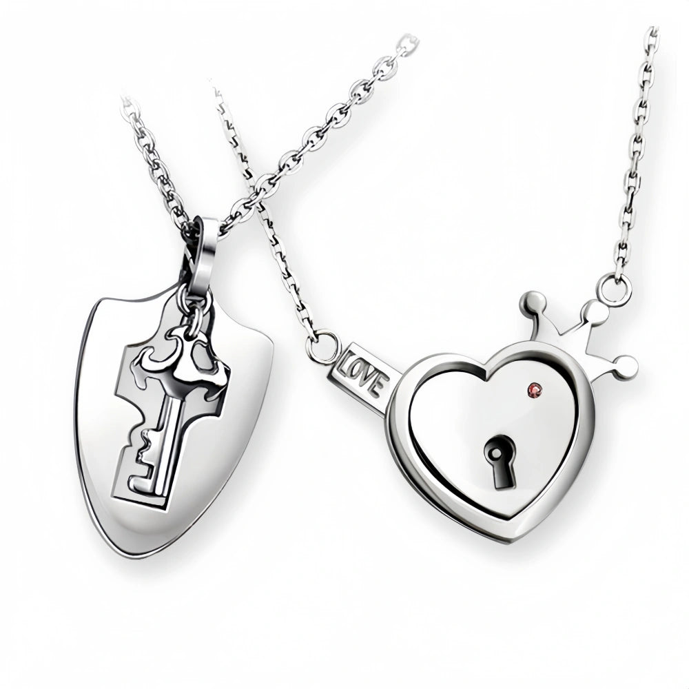 Engravable Cross And Heart Lock And Key Couple Necklaces In Titanium