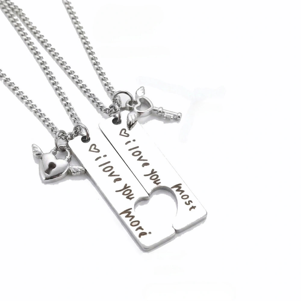 Love You More Lock And Key Matching Heart Couples Necklaces