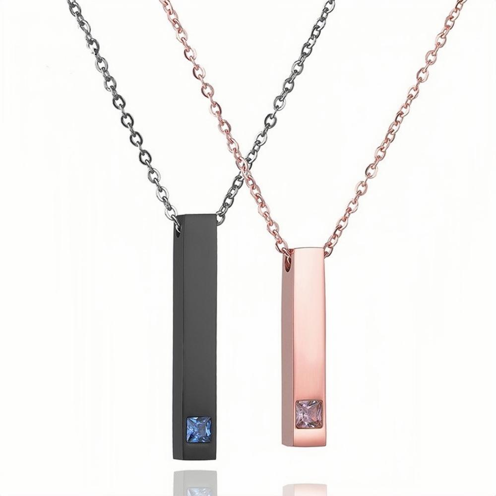 Engravable Black And Rose Matching Bar Couple Necklaces In Titanium
