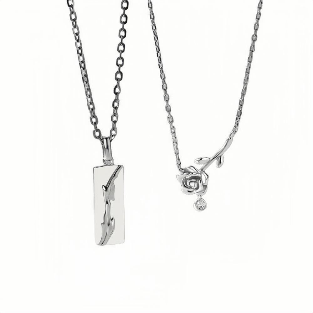 Unique Thorn And Rose Matching Couple Pendant Necklaces In Sterling Silver