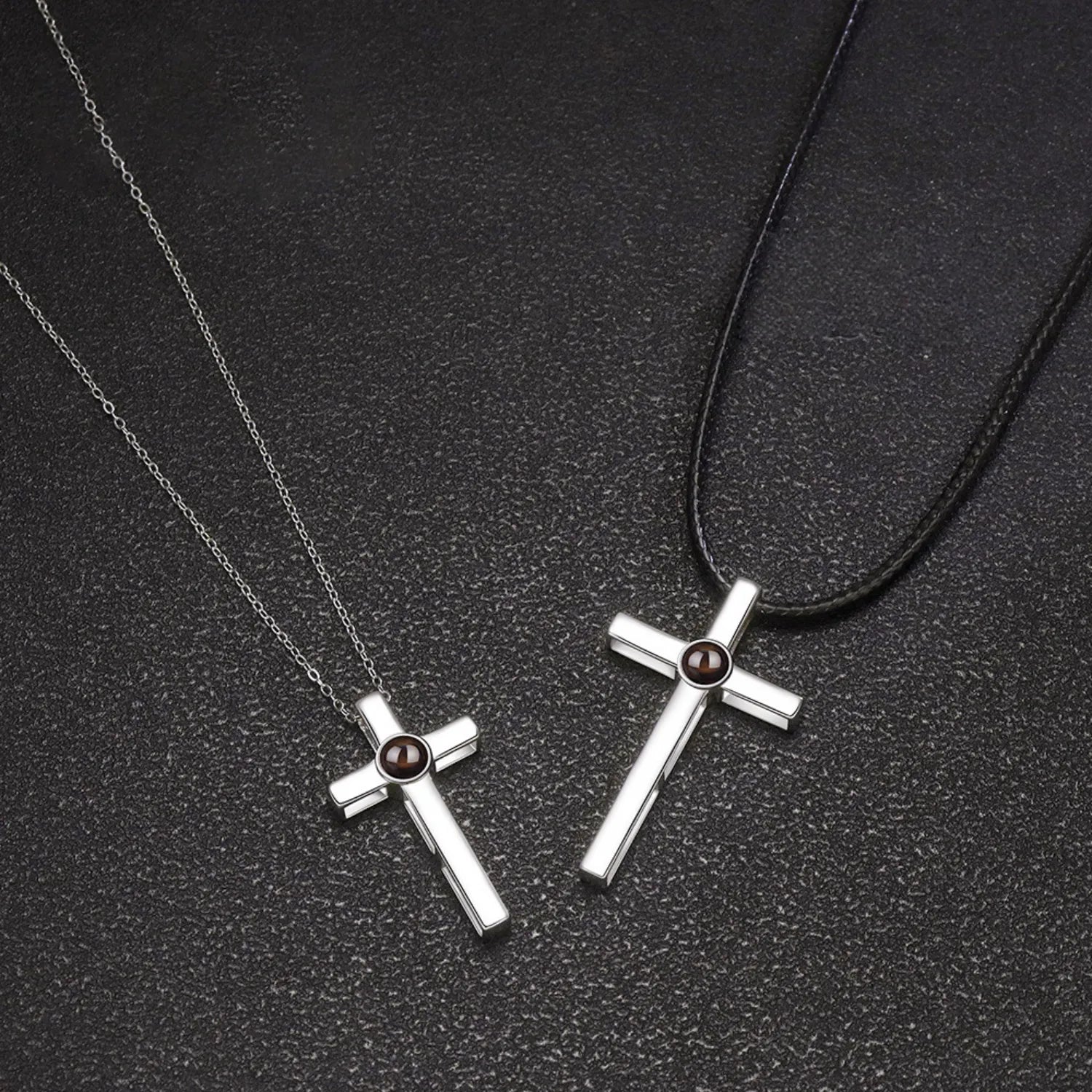 Personalized Matching Cross Photo Projection Necklaces For Couples