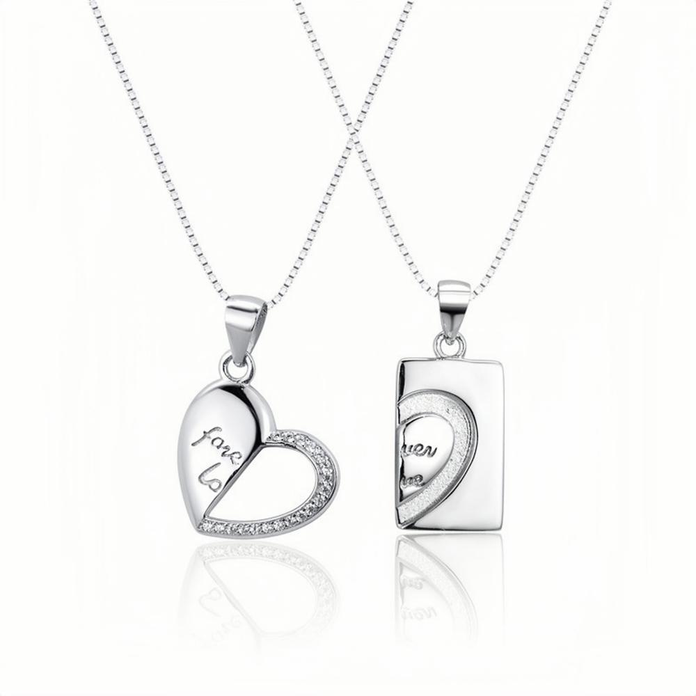 Engravable Forever Love Matching Heart Couple Necklaces In Sterling Silver