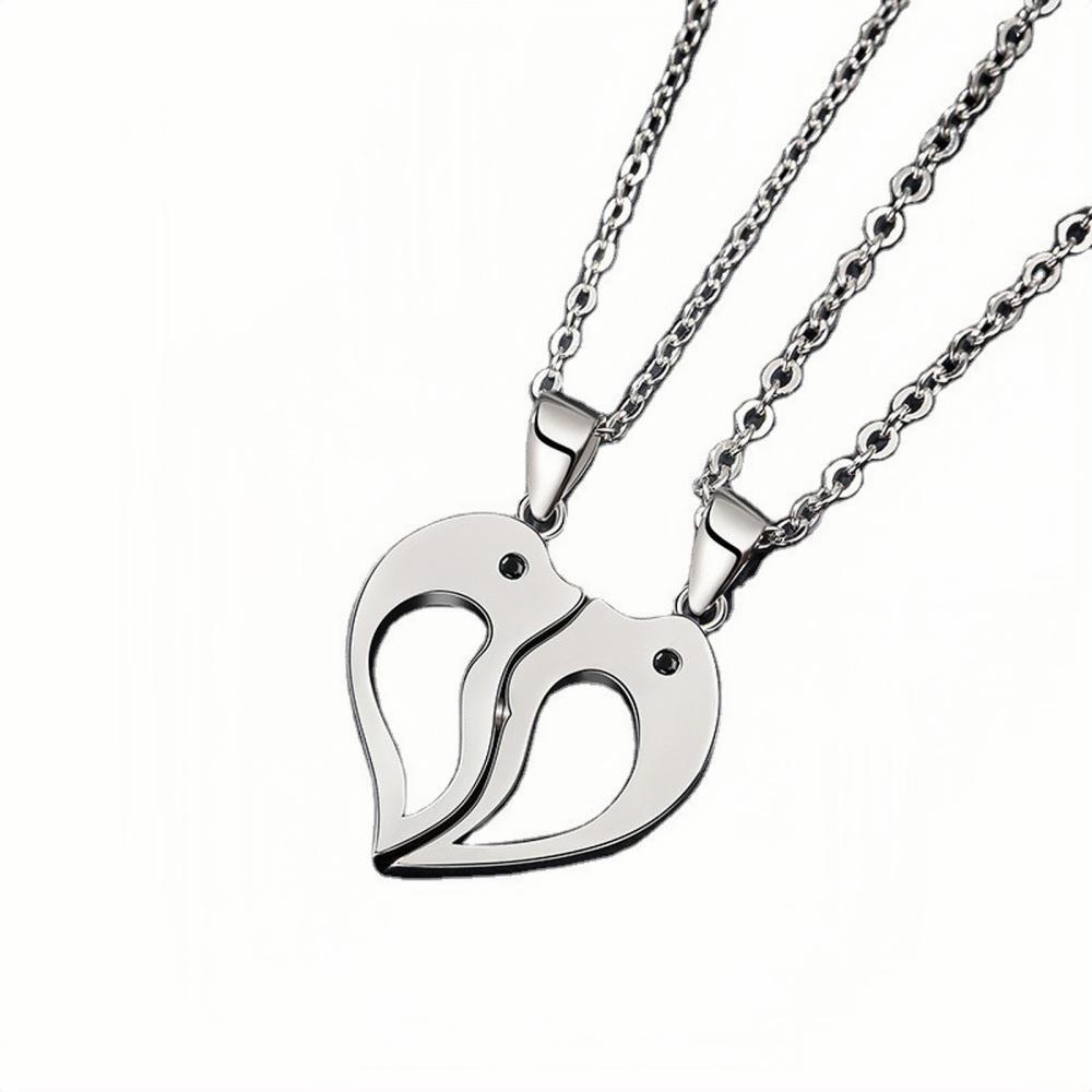 Engravable Cute Dolphin Matching Heart Magnetic Couple Necklaces In Sterling Silver