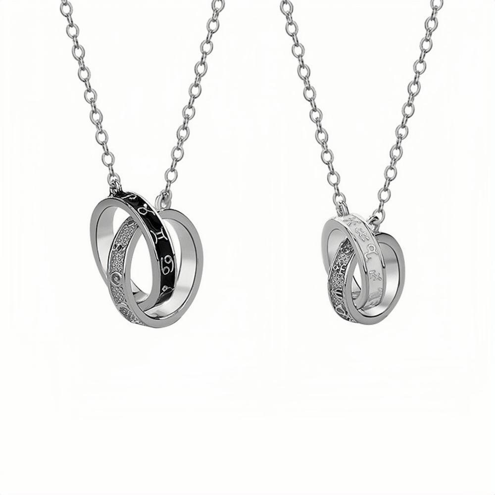 Engravable Zodiac Signs Interlocking Ring Necklaces For Couples In Sterling Silver