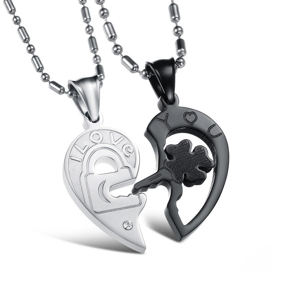 Engravable Lock And Key Matching Heart Couple Necklaces In Titanium