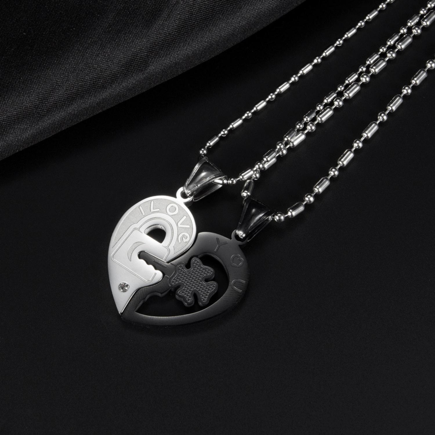 Engravable Lock And Key Matching Heart Couple Necklaces In Titanium
