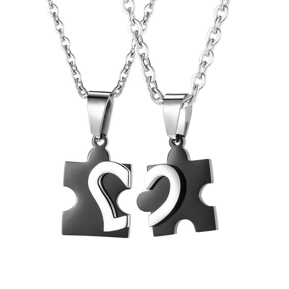 Engravable Matching Heart Puzzle Piece Necklace For Couples In Titanium