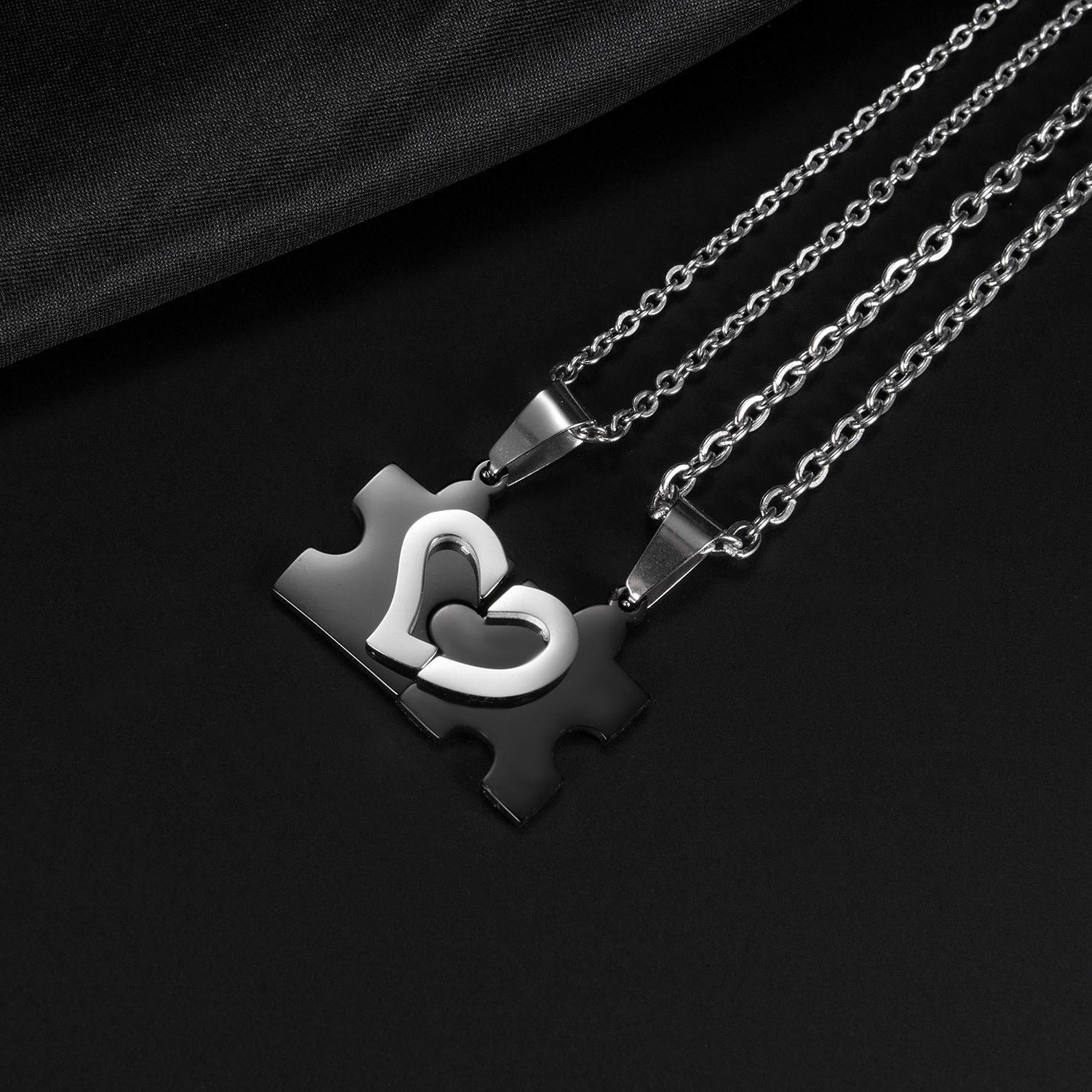 Engravable Matching Heart Puzzle Piece Necklace For Couples In Titanium