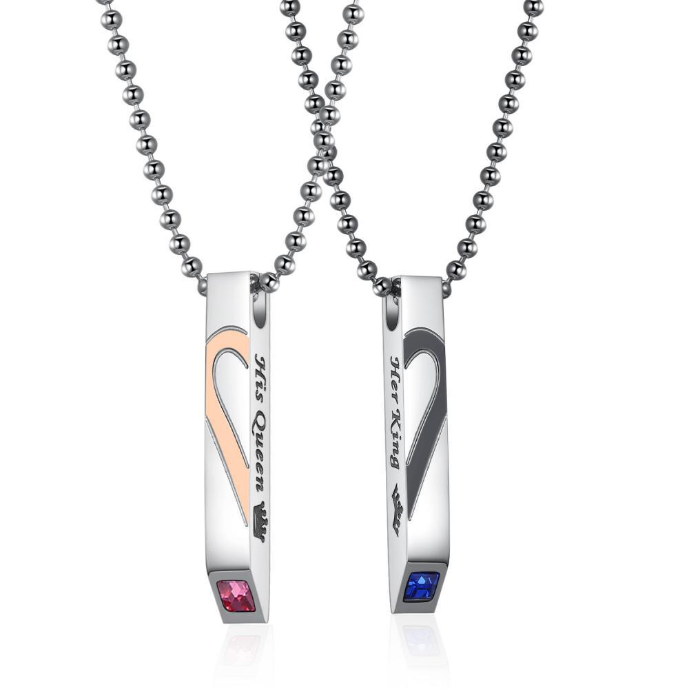 Her King His Queen Matching Heart Bar Necklaces For Couples In Titanium