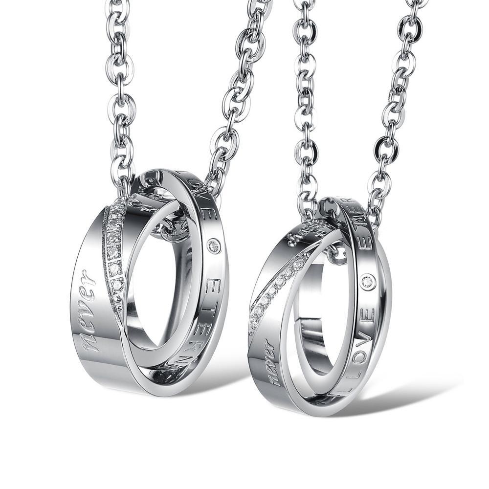 Unique Forever Love Interlocking Ring Necklaces For Couples In Titanium