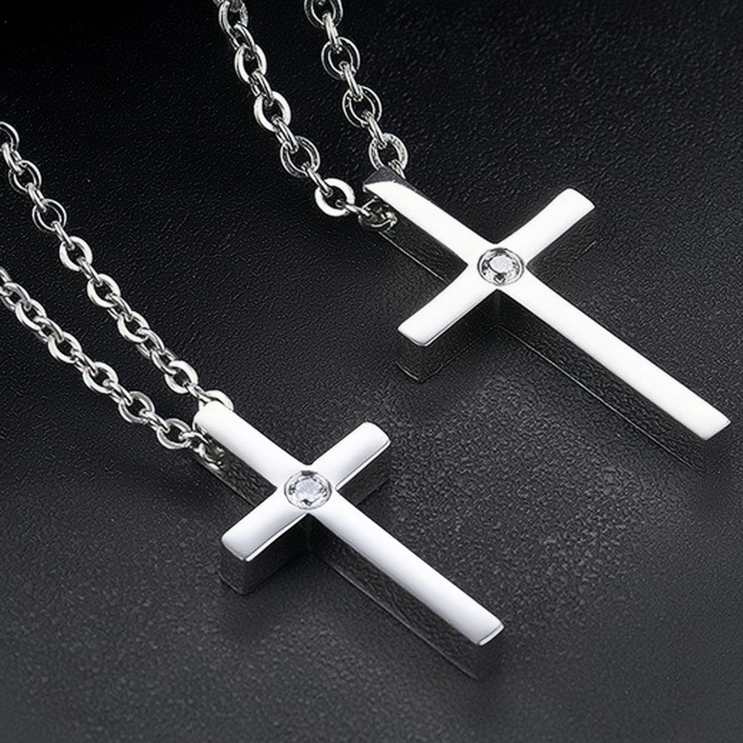Engravable Simple Cross Pendant Necklace For Couples In Titanium