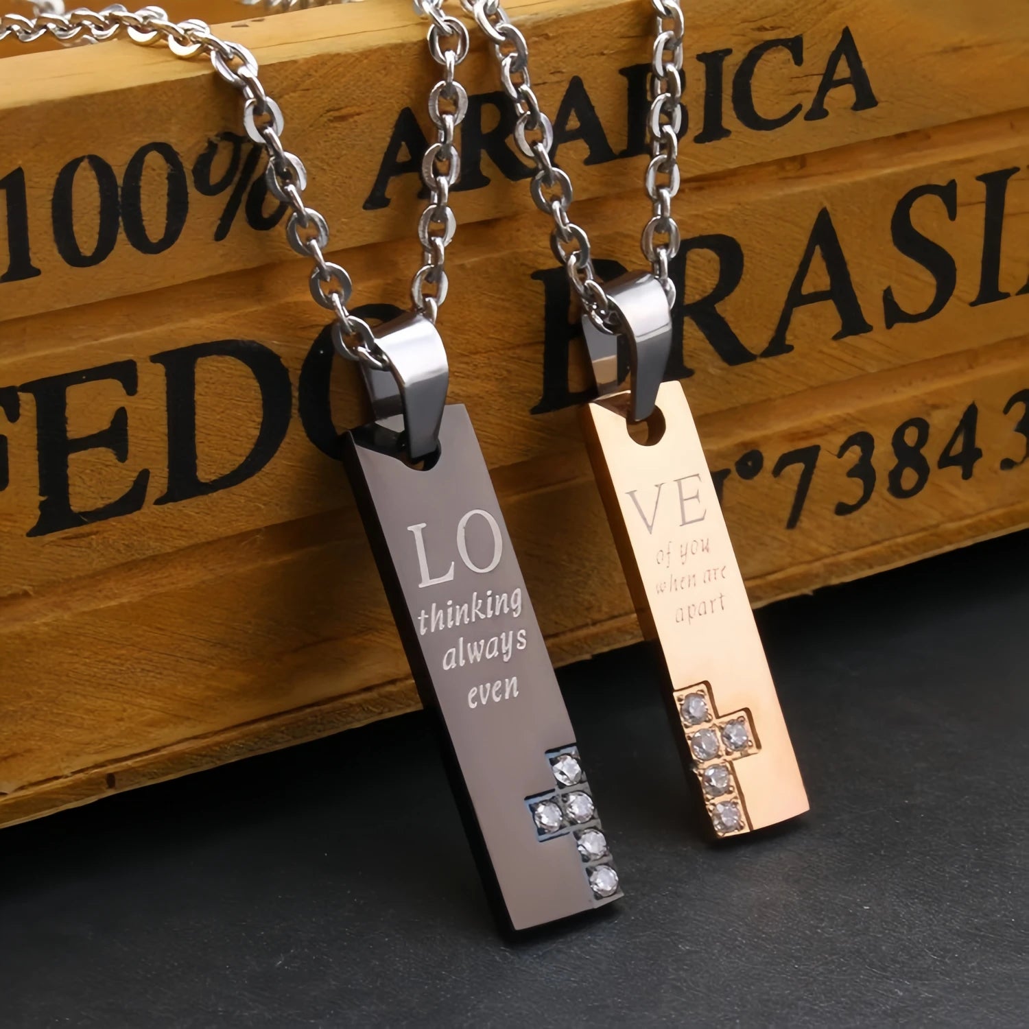 Engravable Love Cross Matching Couple Bar Necklaces In Titanium