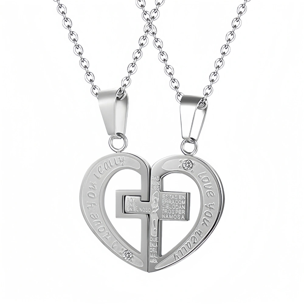 Love You Forever Cross Matching Heart Necklaces For Couples