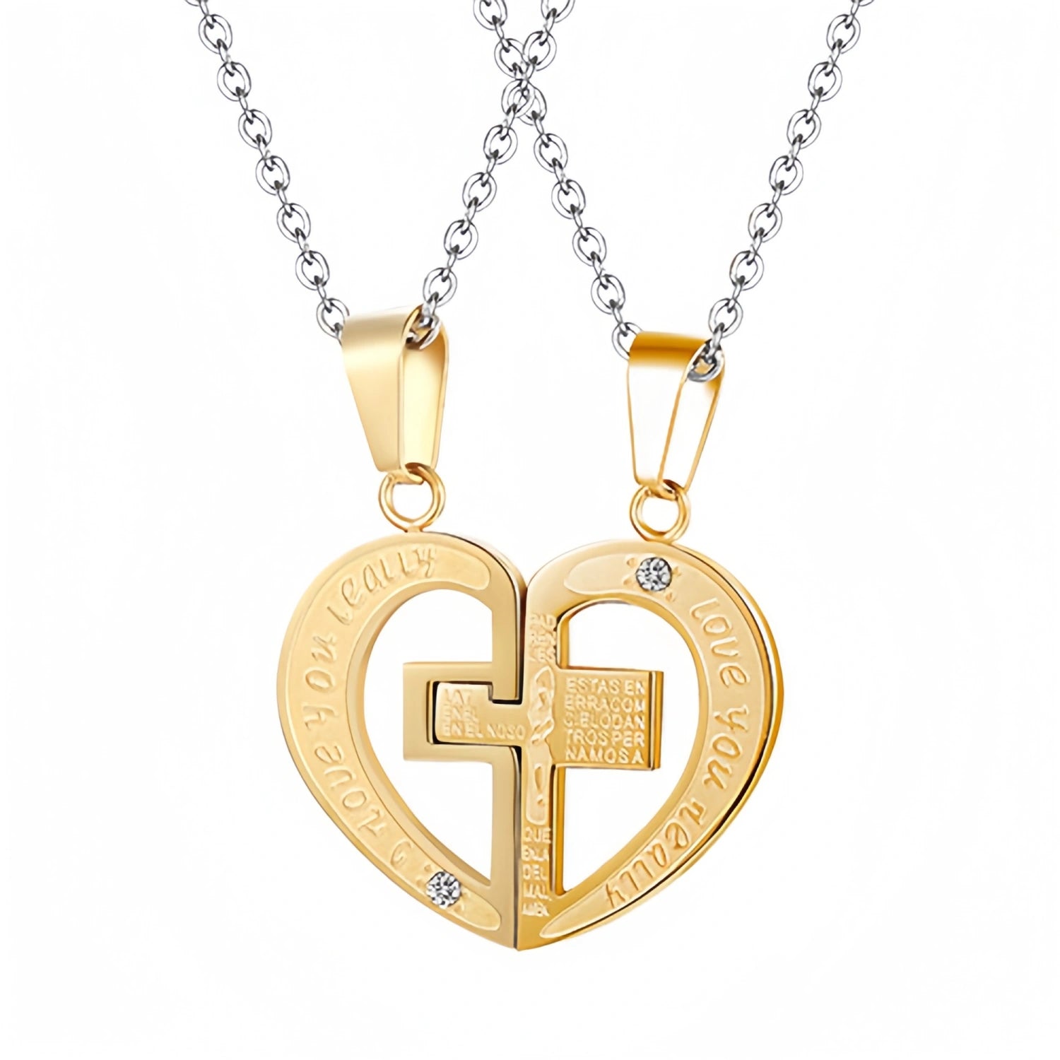 Love You Forever Cross Matching Heart Necklaces For Couples