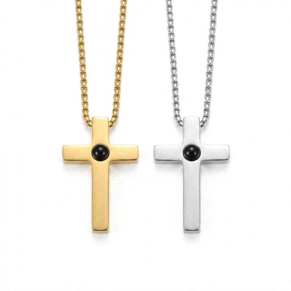 Personalized Cross Photo Projection Couple Necklaces In Titanium