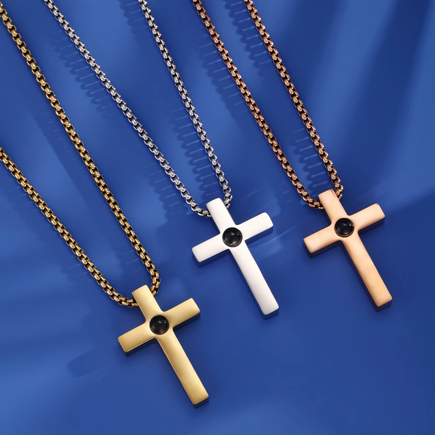 Personalized Cross Photo Projection Couple Necklaces In Titanium