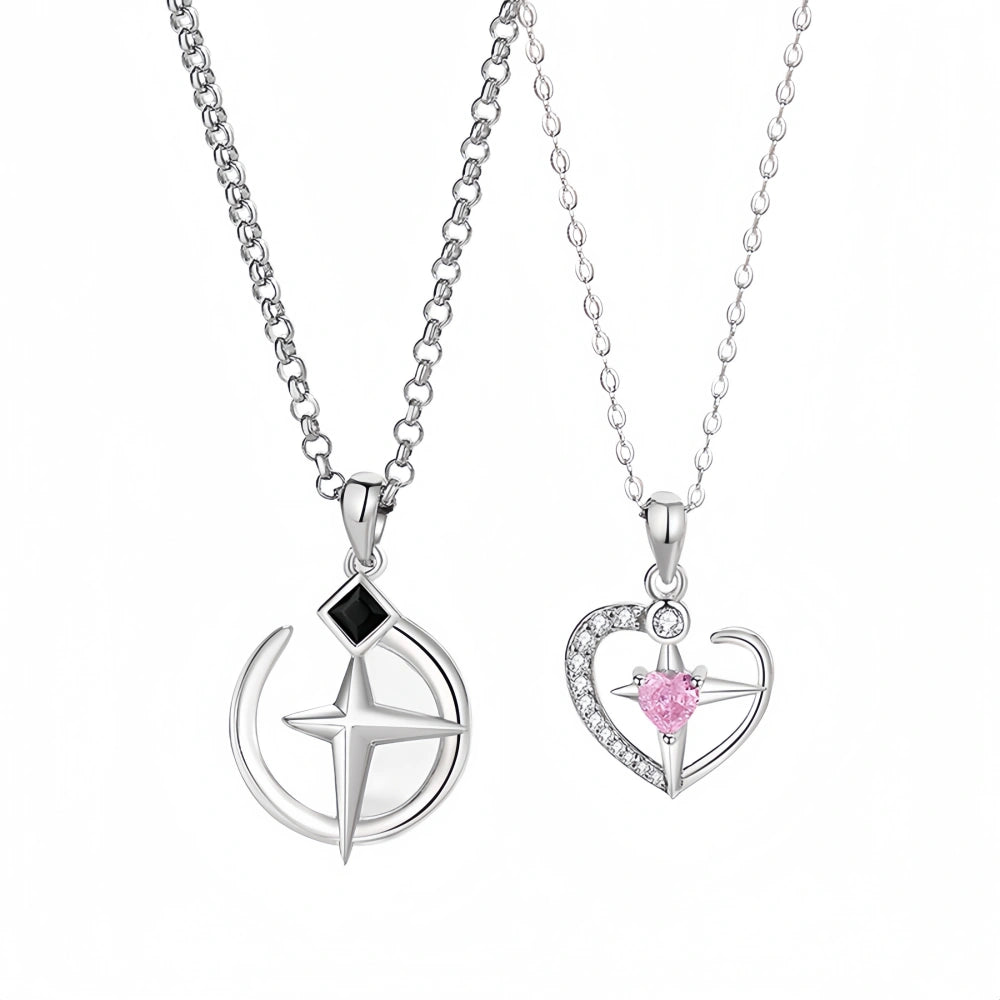 Unique Cross Star Matching Heart Couple Necklaces In Sterling Silver