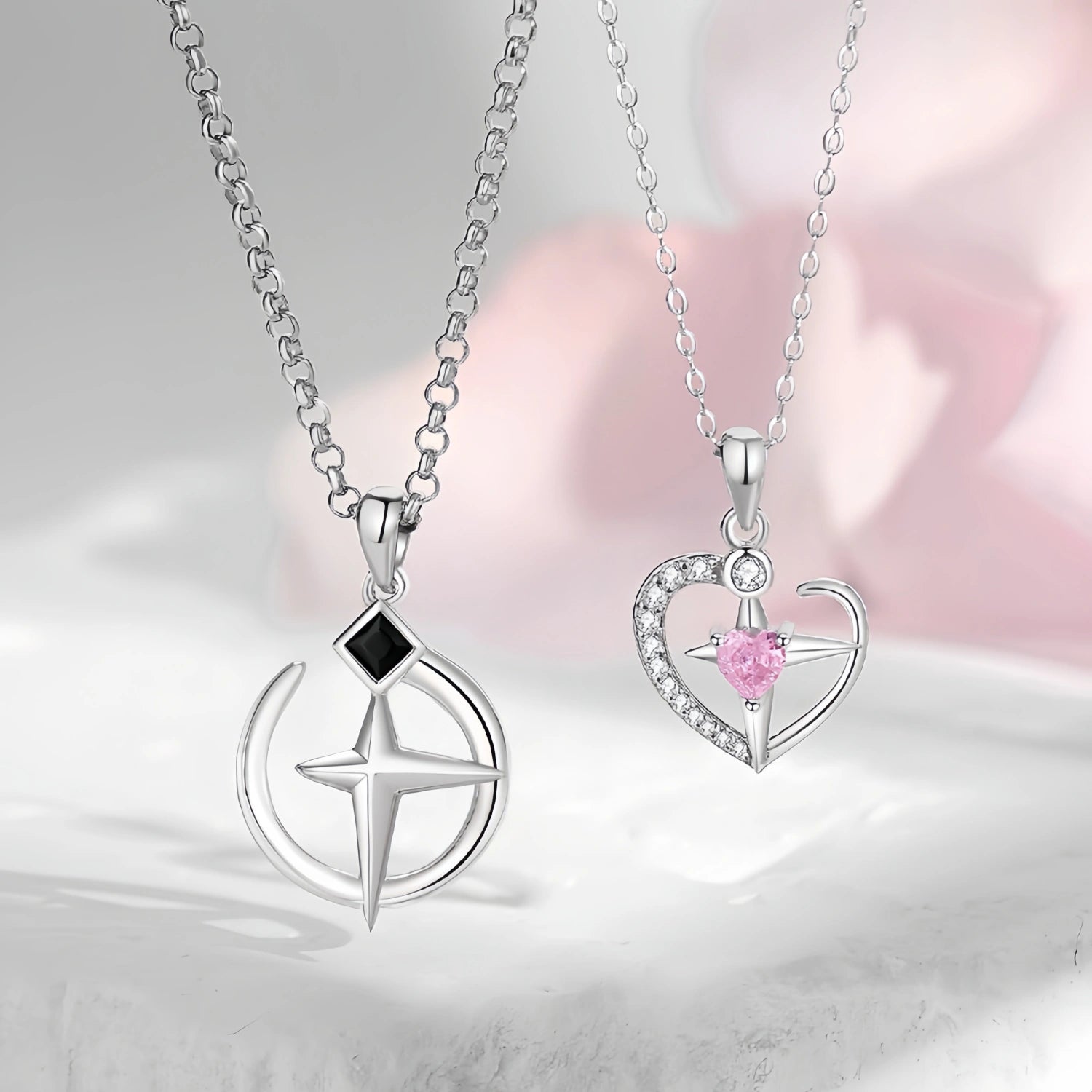 bimg_406_1 Unique Cross Star Matching Heart Couple Necklaces In Sterling Silver