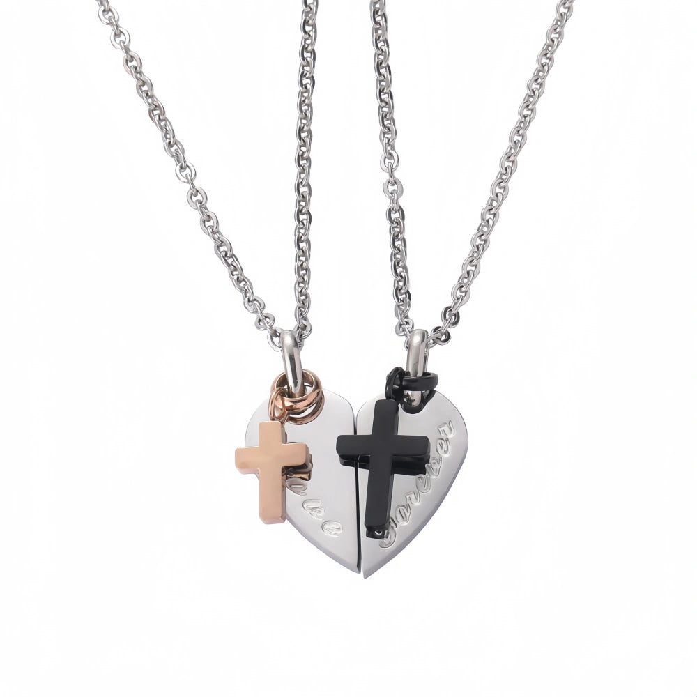 Engravable Cross Matching Heart Couples Necklaces In Titanium